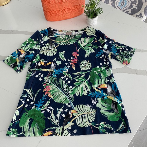 NWT Chicos Cotton Modal Navy Print Elbow Sleeve Tee Sz M - Picture 4 of 8